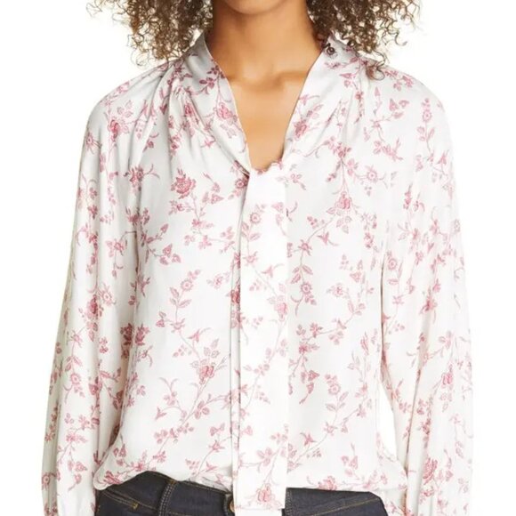 NWOT Rebecca Taylor Strawberry Floral Print Tie Neck Bow Silk Blouse Top Size 0 - Picture 1 of 4